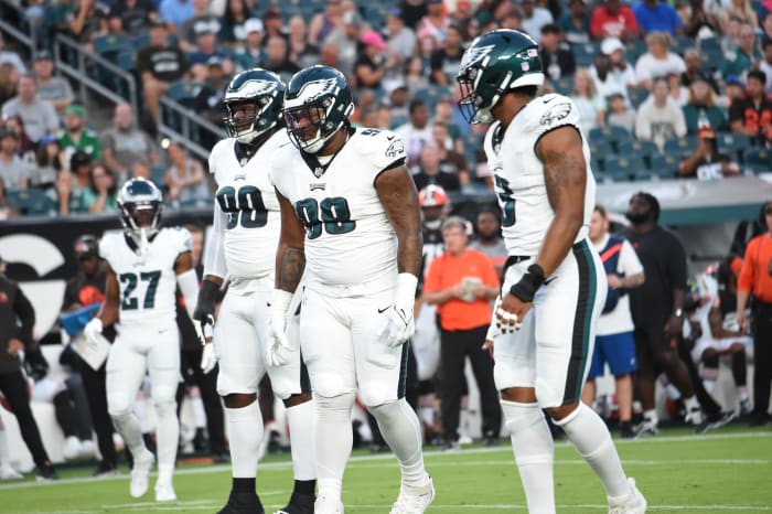 The Eagles' Univesity of Georgia connection from left to right: Jordan Davis (90), Jalen Carter (98), and Nolan Smith (3)